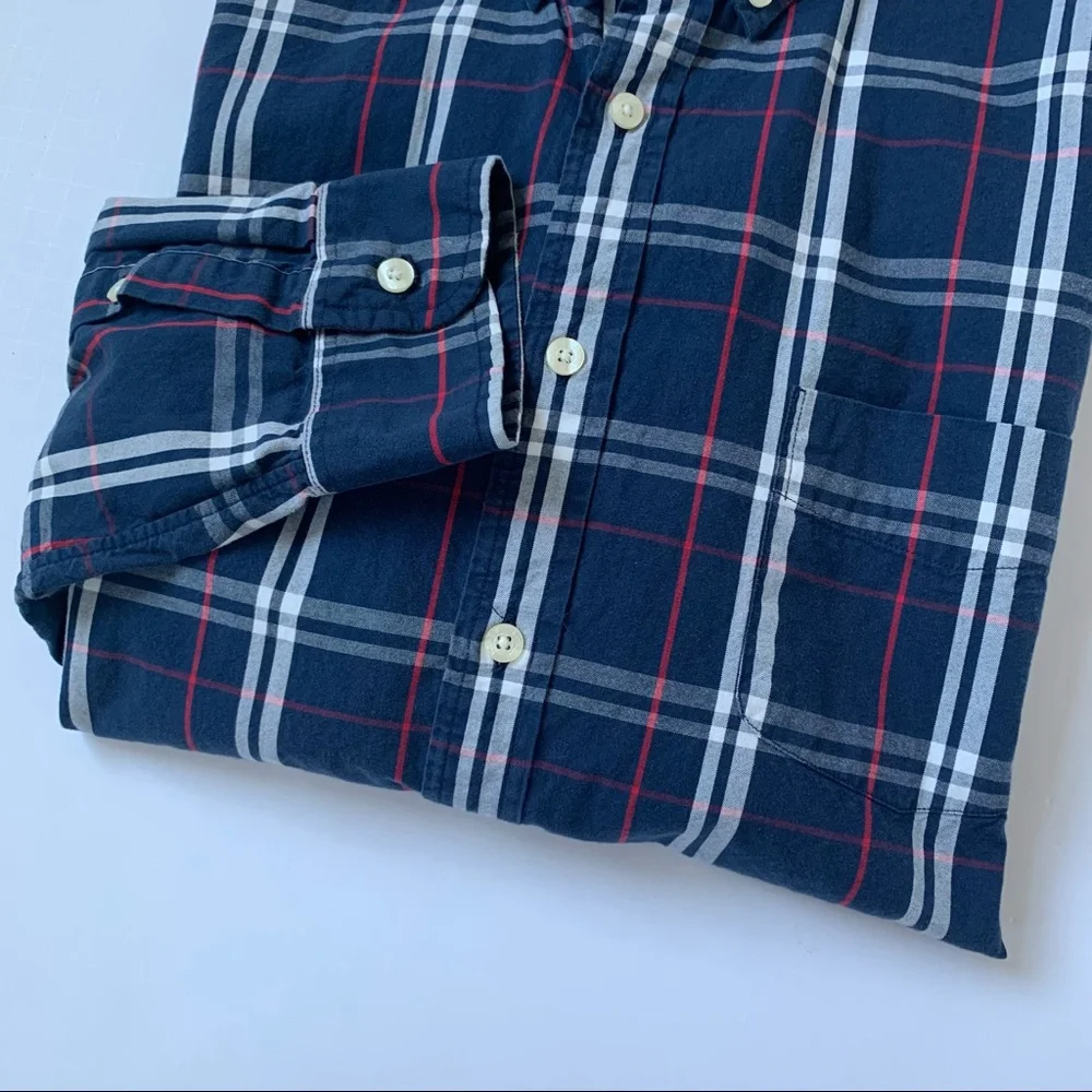 J. Crew Navy Plaid Tailored Fit Button Down Shirt Size Large